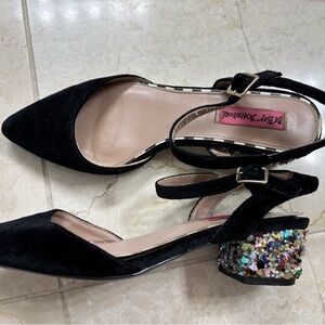 Betsey Johnson Black Velvet Lena Rock Candy Gemstone Embellished Block Heels